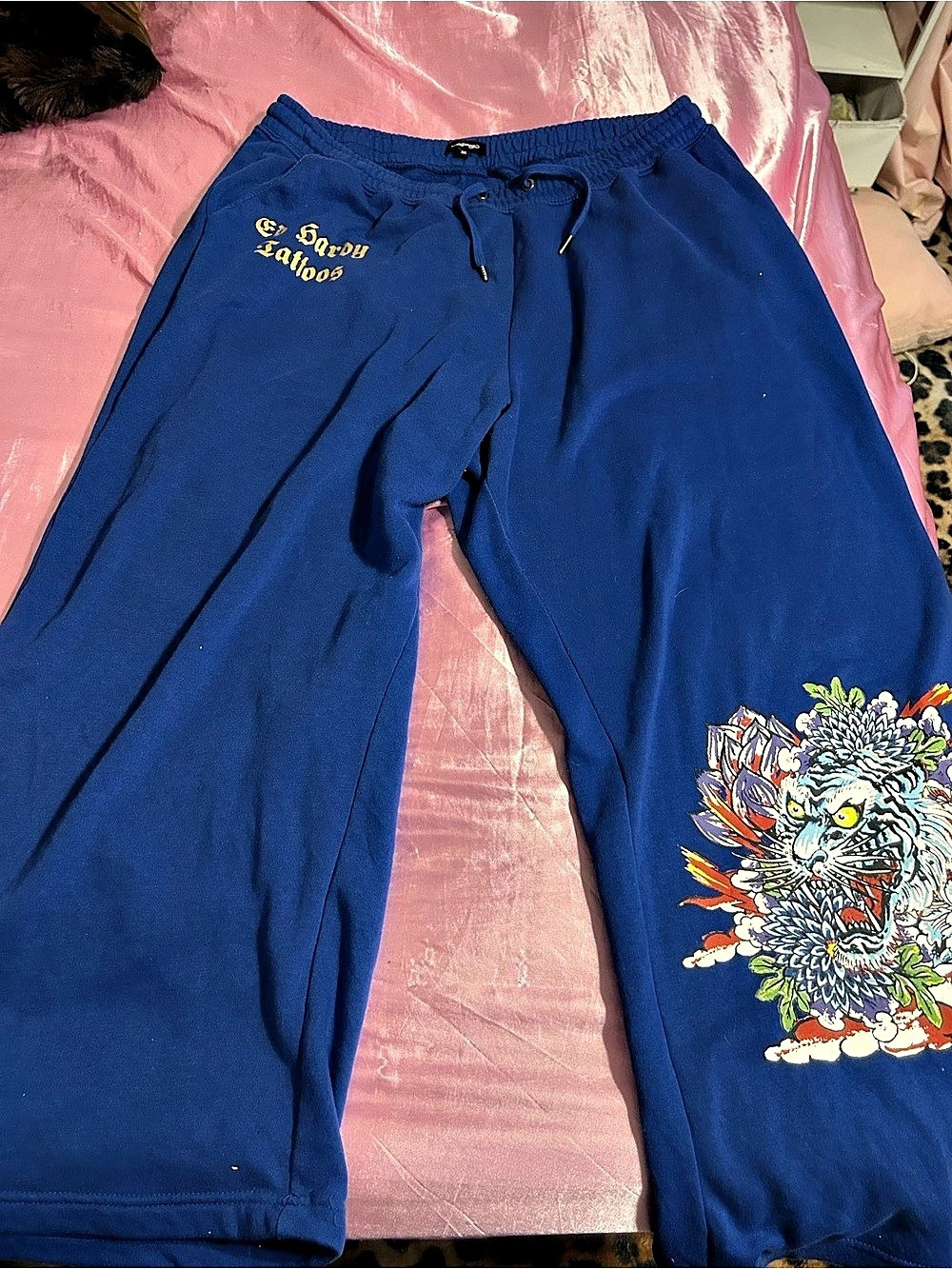 Ed Hardy Tiger Lotus Flare Sweatpants Blue